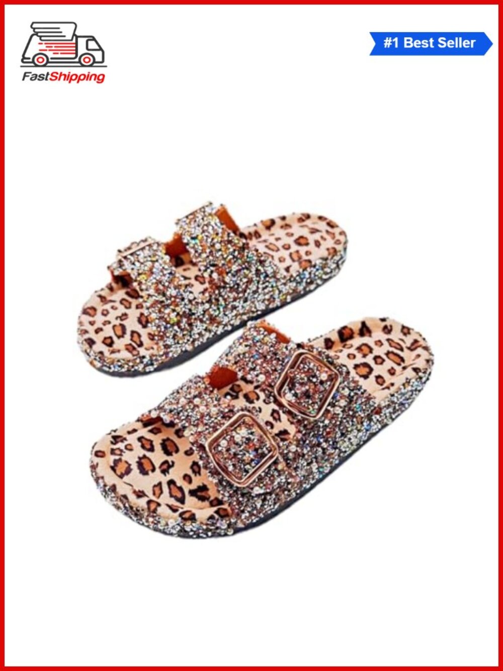 ✨ Sequin Cork Footbed Slide Slippers with Metal Buckle